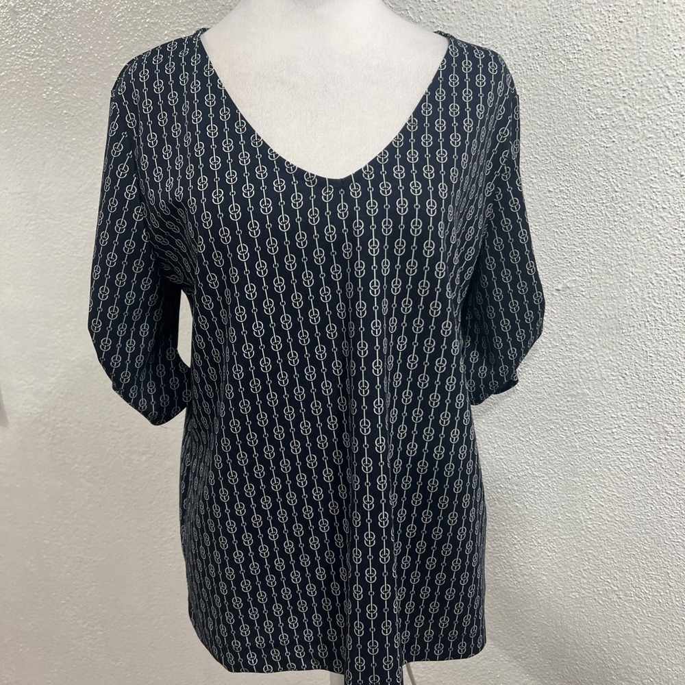 Ann Taylor Blouse Womens L Blue Pullover Short Sleeve V Neck